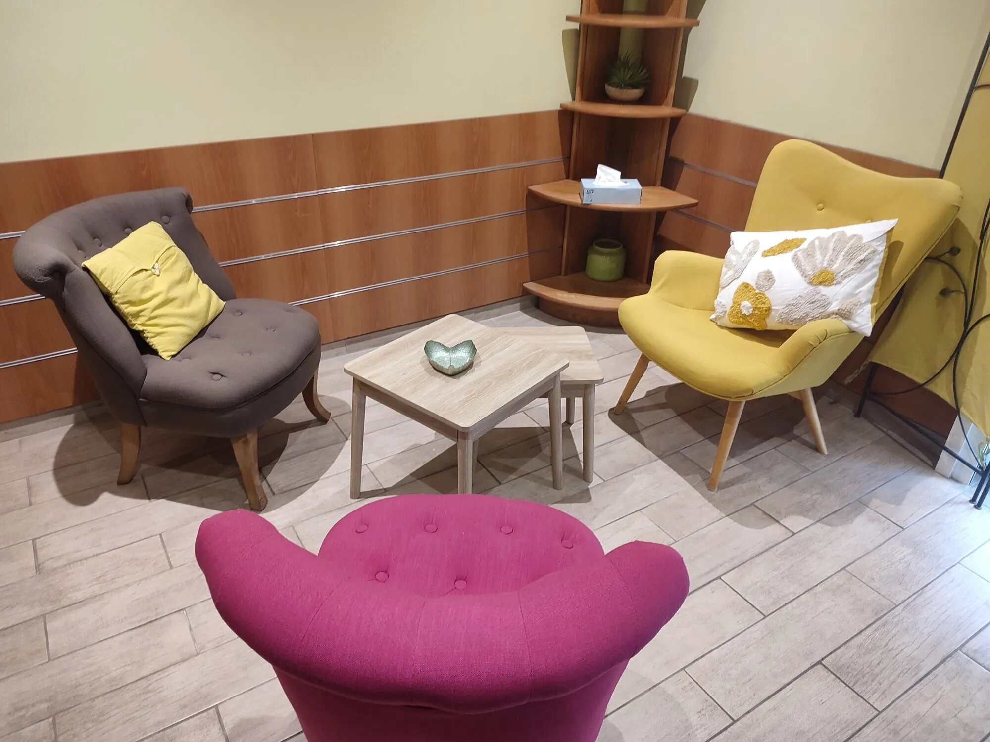 Les fauteuils vus de plus près, avec la table basse et l'étagère d'angle